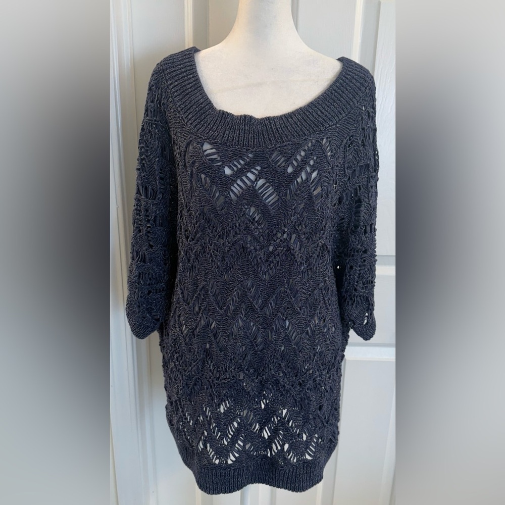 CHICO’S Sz 3 (XL ) Open-Stitch Pullover Sweater Crew Short Sleeve Top